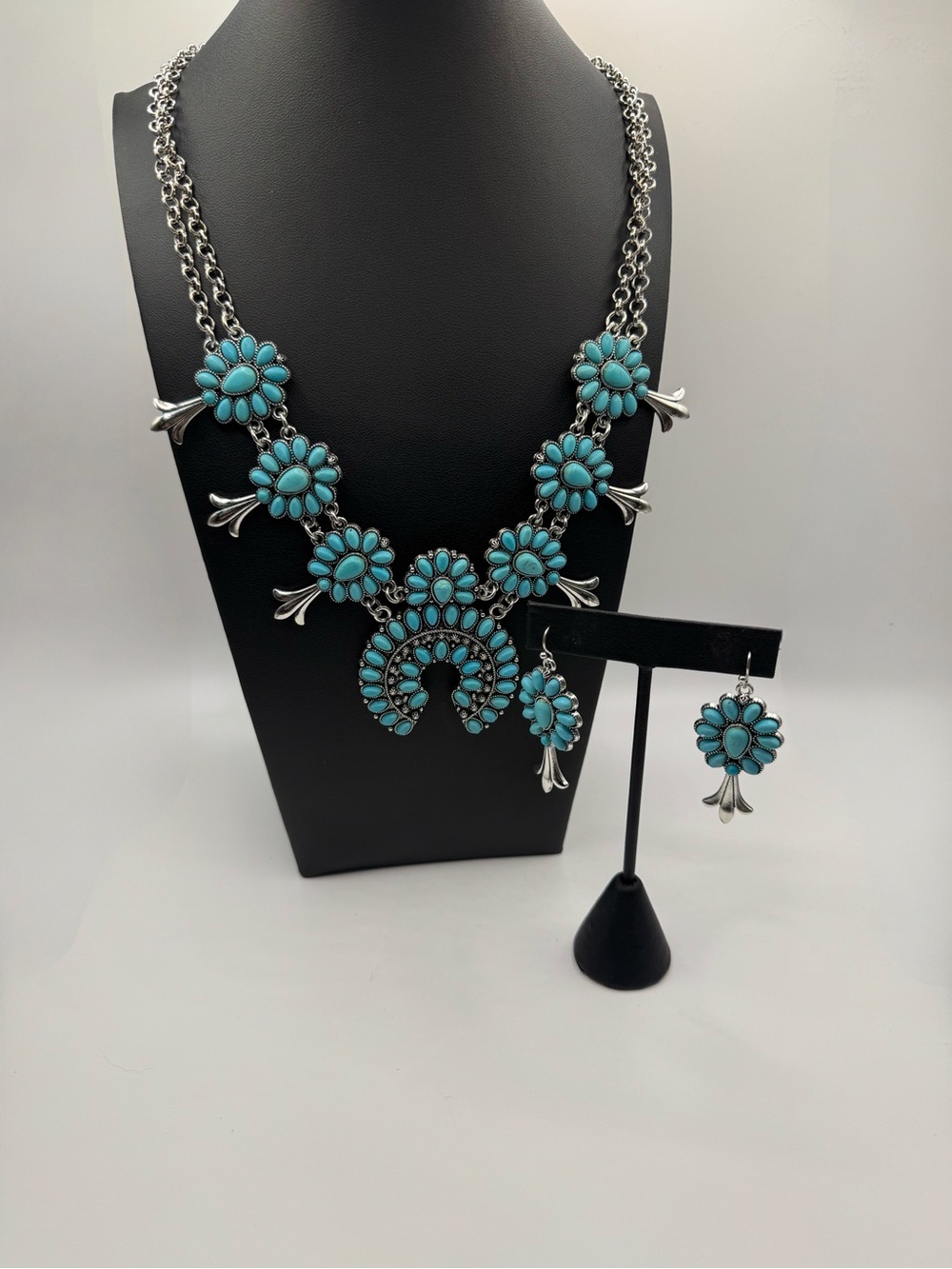 Turquoise Floral Squash Blossom Necklace and Earrings Set